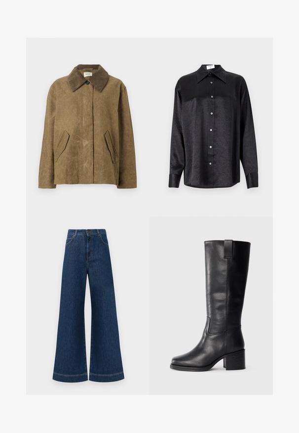 Brown waxed jacket with a corduroy collar, featuring two angled side pockets and a relaxed, boxy fit. Soft texture with a slightly worn appearance.; Black long-sleeve shirt with a collared neckline, featuring a crinkled texture, full button front, and cuffs. Made from a smooth fabric.; Wide-leg blue denim jeans with a high waist, featuring a button closure, belt loops, and subtle stitching details along the pockets and hems.; Black leather knee-high boots with a smooth texture, square toe, block heel, and side pull tab, featuring minimal stitching details.