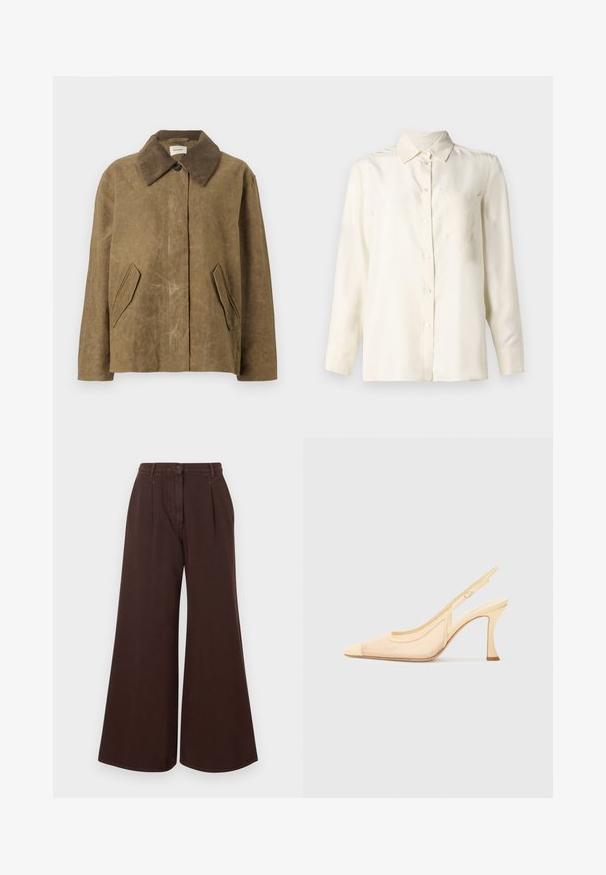 Rjav voščen plašč z žametnim ovratnikom, opremljen z dvema podkotnima stranskima žepoma in sproščenim, kvadratnim krojem. Mehka tekstura z rahlo obrabljenim videzom.; Kremno obarvana dolga srajca z gumbi v gladkem materialu, s ovratnikom in enim žepom na prsih. Minimalistična zasnova in mehak občutek.; Svetle rjave hlače širokega kroja z visokim pasom, z zaponko in zadrgo, z zankami za pas in sprednjimi gubami.; Sandal z visoko peto v svetlem beigem mrežastem materialu, s koničastim nosom in tanko, ukrivljeno peto, ki ima minimalistični detajl s sponko.