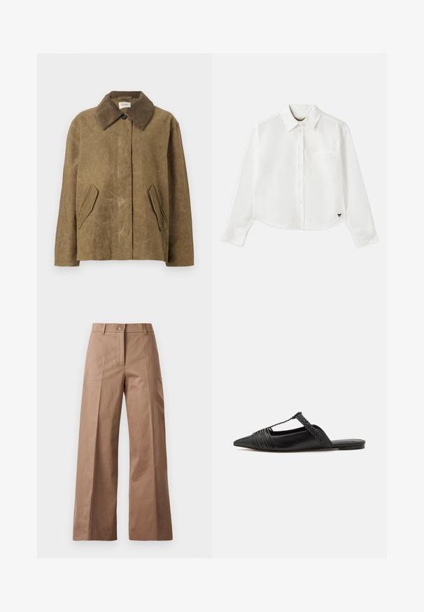 Casaco encerado castanho com colarinho de veludo, apresentando dois bolsos laterais angulados e um corte relaxado e largo. Textura macia com uma aparência ligeiramente gasta.; Camisa branca de manga longa cropped em algodão. Apresenta fecho com botões na frente, um bolso no peito e um pequeno logotipo preto no canto inferior esquerdo.; Calças largas castanhas feitas de um tecido suave, com fecho frontal por botão, dois bolsos frontais e linhas limpas e ajustadas.; Sapatilha slingback em couro preto com bico pontudo, apresentando um detalhe trançado e um design superior plissado. Sola plana com hardware mínimo.