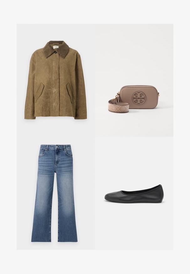 Brown waxed jacket with a corduroy collar, featuring two angled side pockets and a relaxed, boxy fit. Soft texture with a slightly worn appearance.; White cotton t-shirt with short sleeves, crew neck, featuring a small red "Holzweiler" logo prominently on the chest.; Light blue denim wide-leg jeans with a high waist, featuring front pockets, a button closure, and a faded pattern on the legs.; Black leather ballet flat with a rounded toe, smooth texture, minimal stitching detail, and a flexible sole design.; Brown leather crossbody bag with a textured finish, circular logo detail, and an adjustable strap featuring a logo pattern.