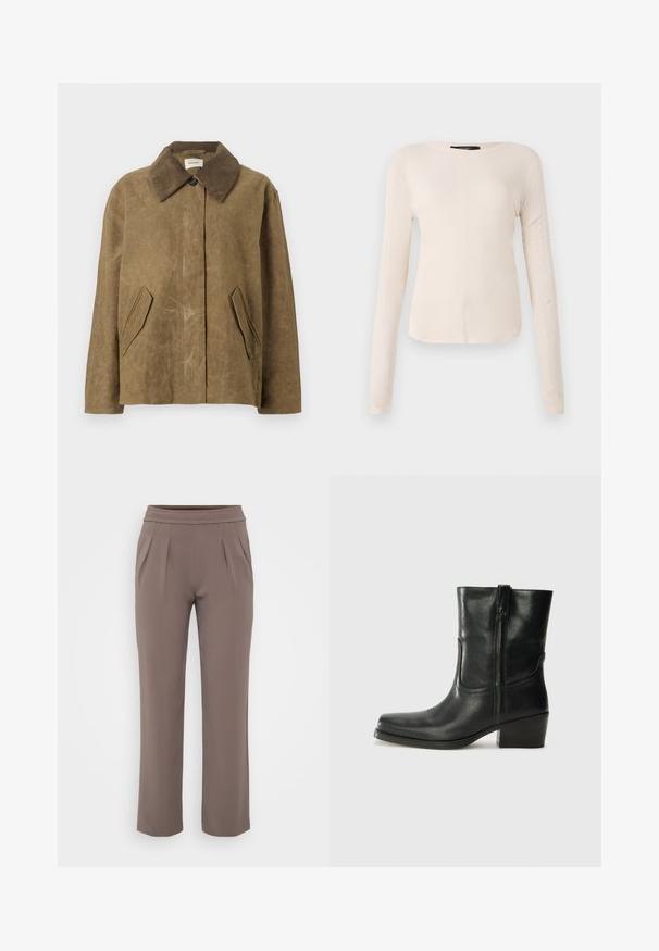 Brūna vaskota jak un ar kordūras apkakli, ar divām slīpām sānu kabatām un brīvu, kvadrātveida piegriezumu. Mīksta tekstūra ar nedaudz nolietotu izskatu.; Ilgi piedurkņu, gaiši bēšas krāsas blūze ar apaļu dekoltē. Izgatavota no mīksta auduma, ar centrālo šuvi un nedaudz izliekta apakšmala. Nav redzamu papildus elementu.; Taurī šūšanas brīvās formas bikses ar elastīgu jostasvietu un priekšējiem krokām, izgatavotas no gludas auduma.; Melna ādas potīte ar noapaļotu purngalu, bloku papēdi, sānu rāvējslēdzēju un šuvju akcentiem uz virsmas. Gluda tekstūra, klasiskā dizaina.