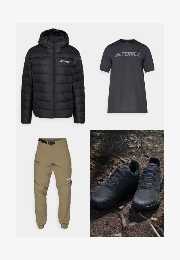 adidas Terrex TERREX MULTI LIGHT DOWN HOODED - Dunjakke - black; Svart t-skjorte med kort erm laget av lett stoff, med en lys grå "TERREX" logo på tvers av brystet og rund hals.; Kakhifargede friluftsbukser med justerbart svart belte, glidelåslommer, avsmalnende ermer og avtagbare underben for variert styling.; Svarte atletiske sko med en strukturert strikket overdel, forsterket tå og polstret såle, utstilt på jordaktig grunn med spredte kvister.