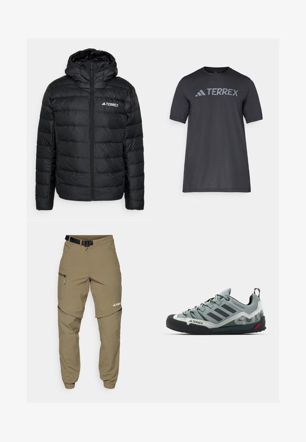 adidas Terrex TERREX MULTI LIGHT DOWN HOODED - Dūnu jaka - black; Melna īsām piedurknēm T-kreklu, kas izgatavots no viegla auduma, ar gaismu pelēku "TERREX" logo krūšu daļā un apaļu kakla izgriezumu.; Kaki āra bikses ar regulējamu melnu jostu, ar rāvējslēdzējiem kabatām, sašaurinātiem piedurknēm un noņemamām apakšējām kājām, nodrošinot daudzveidīgu stilu.; Pelēki kāpšanas apavi ar teksturētu augšdaļu, melnu gumijas purngalu, trim tumšām svītrām un nelielu sarkanu akcentu uz zoles.