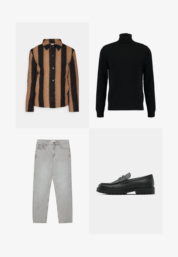 Hnedo-čierny pruhovaný vlnený kabát s špicatým golierom, predným zapínaním na gombíky a dvoma bočnými vreckami. Textúrovaná látka.; Čierny rolák vyrobený z mäkkého pleteného materiálu. Má dlhé rukávy, rebrovaný golier a lem. Jednoduchý, elegantný dizajn bez vzorov.; Svetlošedé denimové nohavice s rovným strihom, piatimi vreckami a zapínaním na gombík. Viditeľné švy pozdĺž švov.; Čierne kožené mokasíny s okrúhlou špičkou, s prešitým dizajnom, nízkou platformou a textúrovanou, zúbkovanou gumovou podrážkou.