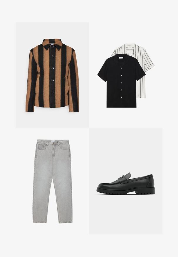 Rudas ir juodas dryžuotas vilnonis švarkas su smailiu apykakle, priekine mygtukų uždarymo sistema ir dviem šoninėmis kišenėmis. Tekstūruotas audinys.; Du šortais rankovėmis marškiniai: vieni visiškai juodi, kiti balti su juodomis vertikaliomis juostelėmis. Abu turi mygtukų užsegimus ir klasikinį apykaklę.; Šviesiai pilki džinsai su tiesiu kirpimu, penkiais kišenėmis ir mygtuko uždarymu. Matoma siuvimo linija palei siūles.; Juodi odiniai loaferiai su apvalia nosimi, su siuvinėtu dizainu, žemu platformos padu ir tekstūruotu, sukibimo raštu padu.