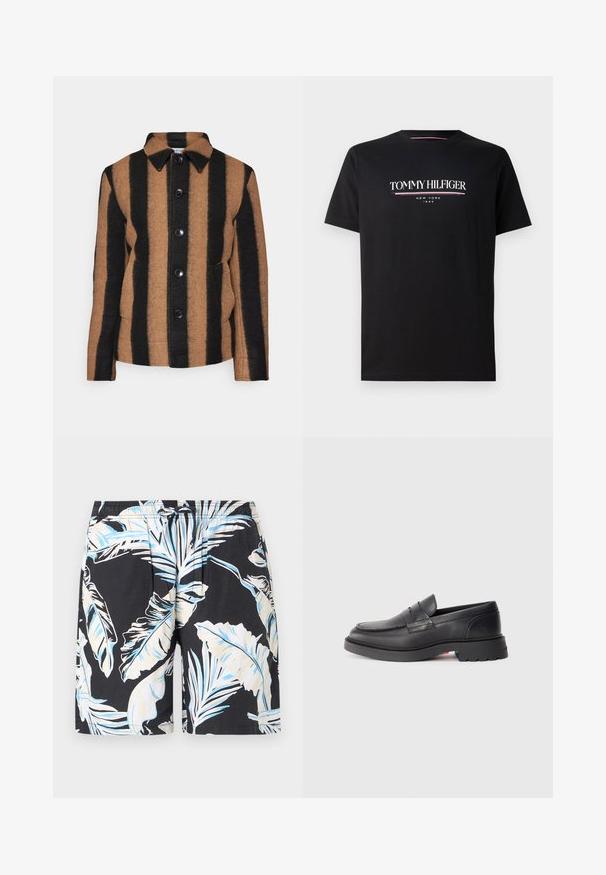 Rudas ir juodas dryžuotas vilnonis švarkas su smailiu apykakle, priekine mygtukų uždarymo sistema ir dviem šoninėmis kišenėmis. Tekstūruotas audinys.; Juodas medvilninis marškinėliai su balta ir spalvota "TOMMY HILFIGER" logo, o po juo mažesniu šriftu "NEW YORK" ir "1985". Trumpomis rankovėmis, apvaliu kaklu.; Juodų maudymosi šortų su dideliu baltu ir mėlynu tropiniu lapų raštu, elastinga juosmens juosta su raišteliu ir lygiu audinio paviršiumi.; Juodos odinės moteriškos loafer tipo bateliai su apvaliu nipu, pakeltu siūlu ir storu guminiu padu. Paprastas dizainas su minimaliu ženklinimu šone.