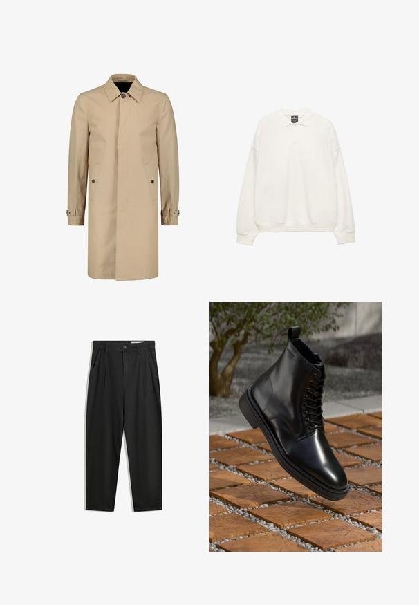 Trench beige in un tessuto resistente con colletto classico, chiusura frontale a bottoni, tasche laterali e cinturini ai polsini regolabili.; Pullover beige chiaro con colletto polo, maniche lunghe e polsini a coste. Tessuto morbido, vestibilità rilassata, con una coulisse a tre bottoni.; Pantaloni in cotone neri con una vestibilità rilassata, dotati di una vita classica, pieghe frontali e tasche laterali. Tessuto liscio senza fantasie.; Stivaletto in pelle nera con finitura liscia, design con lacci e un morbido anello posteriore, sospeso sopra una superficie in legno decorata.