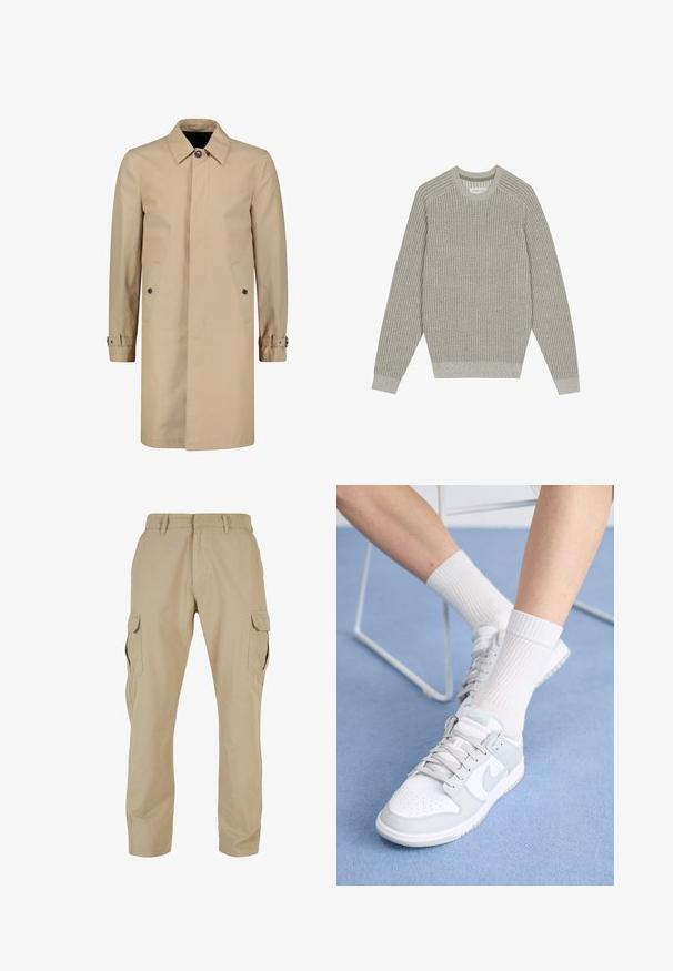 Beige Trenchcoat aus strapazierfähigem Stoff mit klassischem Kragen, vorderem Knopfverschluss, seitlichen Taschen und verstellbaren Manschettenriemen.; Hellgrauer Strickpullover mit gerippter Textur, Rundhalsausschnitt und langen Ärmeln. Einfaches Design, elastische Säume, minimale Details.; Beige Cargo-Hosen aus Baumwolltwill mit mehreren Seitentaschen, geradem Bein Design und einem Reißverschluss mit Gürtelschlaufen.; Weiße Sneakers mit hellblauen Akzenten, Obermaterial aus Leder, perforierte Zehenpartie, dicke Schnürsenkel und gerippte weiße Socken vor einem blauen Hintergrund.
