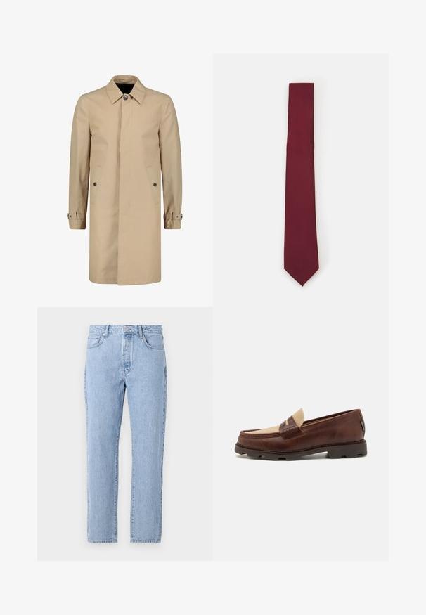 Smėlio spalvos paltas pagamintas iš tvirto audinio, su klasikiniu apykakle, priekyje mygtukų užsegimu, šoninėmis kišenėmis ir reguliuojamomis rankogalių juostomis.; Balta ilgomis rankovėmis mygtukinė marškiniai, pagaminti iš lygaus audinio. Turi klasikinį apykaklę, priekinę mygtukų uždarymą ir vieno mygtuko rankogalius. Slim fit dizainas.; Šviesiai mėlyni džinsai su tiesiomis kojomis, penkiais kišenėmis ir mygtukų užsegimu. Minkšta tekstūra su klasikinio blukimo apdaila.; Rudi odiniai loafers su taupe audinio akcentu, siuvinėta detalė ir tekstūruota gumine padu, sukurta komfortui ir ilgaamžiškumui.; Burgundi spalvos šilkinis kaklaraištis, siauras, su vientisu tekstūros paviršiumi. Yra smailas galas, vienoda spalva ir sklandus paviršius.