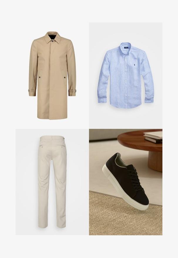 Beige trenssitakki kestävästä kankaasta, jossa on klassinen kaulus, etunapit, sivutaskut ja säädettävät hihansuut.; Sininen ja valkoinen raidoitettu pitkähihaisen paita, joka on valmistettu puuvillasta. Paidassa on napillinen kaulus, etunapit ja pieni kirjailtu logo rinnassa.; Beige housut, joissa on sileä pinta, suora leikkaus, kaksi nappikiinnitteistä takataskua ja normaali vyötärö.; Musta lenkkari, jossa on valkoinen pohja, kelluu vaaleanbeige texturoituneen maton yllä pyöreän puupöydän vieressä, jonka päällä on pinottu kirjoja.