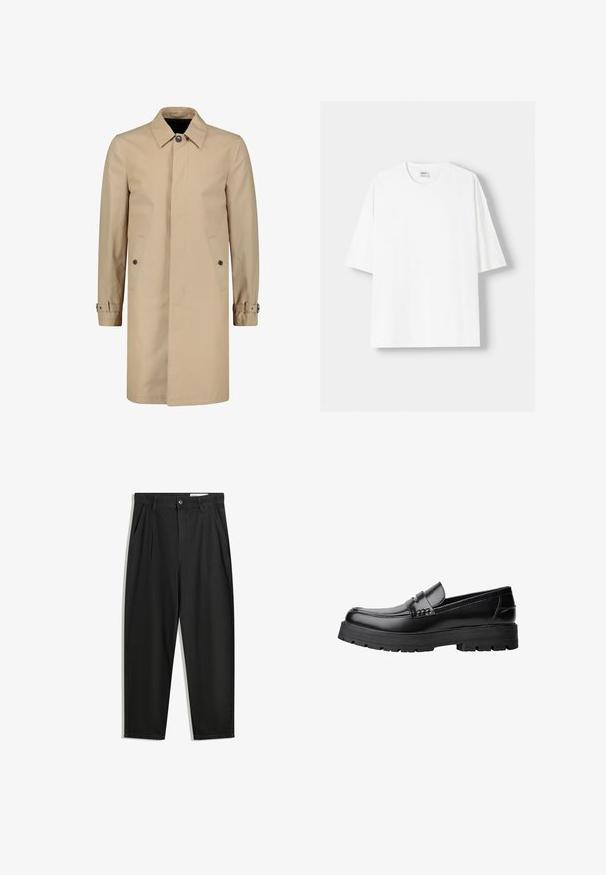 Bež plašč iz trpežnega materiala s klasičnim ovratnikom, sprednjim gumbom, stranskimi žepi in nastavljivimi zapestnimi trakovi.; Bela kratka majica s kratkimi rokavi iz bombaža, s krožnim izrezom in sproščenim krojem. Gladka tekstura, brez vidnih vzorcev ali poudarkov.; Črne bombažne hlače s sproščenim krojem, ki vključujejo klasičen pas, sprednje gube in stranske žepke. Gladka tekstura brez vzorcev.; Črne usnjene loafersice s debelim profiliranim podplatom in dekorativnim pasom čez zgornji del, prikazane v levem stranskem profilu na beli podlagi.