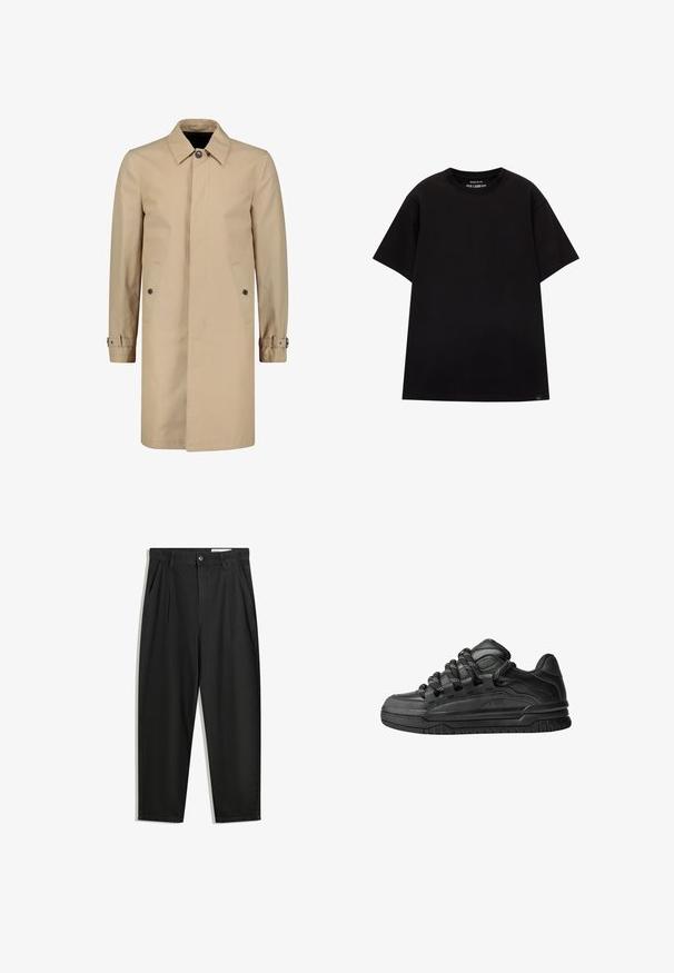 Beige trenchcoat van duurzaam materiaal met een klassieke kraag, sluiting met knopen aan de voorkant, zijzakken en verstelbare mouwbanden.; PULL&BEAR JOIN LIFE - T-shirt basic - black; Zwarte katoenen broeken met een losse pasvorm, voorzien van een klassieke tailleband, voorplooien en zijzakken. Gladde structuur zonder patronen.; Zwarte sneakers met een glad leren bovenwerk, gearceerde accenten en ronde zwart-witte veters. Dikke rubberen zool met een geprofileerd loopvlak.