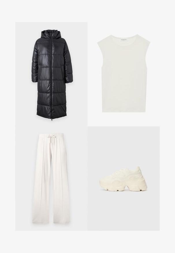 Črni dolg puhov žakelj s kapuco, z bleščečo površino, zasnovo s kapuco, vodoravno prešito vzorčevanje in sprednjim zadrgo.; Bela brezrokavnica s okroglim izrezom. Narejena iz gladkega materiala, ima sproščen kroj in minimalističen dizajn. Brez vzorcev ali okrasnih elementov.; Svetlo bež trenirke, izdelane iz mehkega blaga, s punch rezom v pasu, širokimi nogami in vertikalnimi šivi ter gladko teksturo.; Debele bele športne copate, izdelane iz teksturirane mrežaste in sintetične materialov, z debelim podplatom in zapletenimi vzorčičnimi detajli ob straneh.