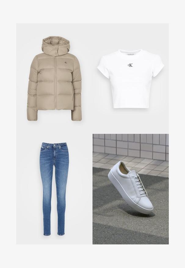 Bežinė pūkinė striukė su užtrauktuku priekyje, apykakle su spaustukais ir šoninėmis kišenėmis. Yra siūta tekstūra ir subtilus logotipo detalė ant krūtinės.; Balta trumpa marškinėliai, pagaminti iš raukšlėto audinio. Turi apvalų iškirpimą ir trumpas rankoves. Juodas siuvinėtas "cK" logotipas ant krūtinės.; Lieknos džinsai vidutinio mėlynumo džinsinio audinio, turintys aukštą liemenį, lygų paviršių, dvi priekines kišenes ir vieną užpakalinę kišenę.; Baltos odinės sportinės bateliai su apvalia nosimi, plokščiu padu ir šešiomis poromis akių. Lygus paviršius ir minimalistiškas dizainas su siuvinėjimo detalėmis.