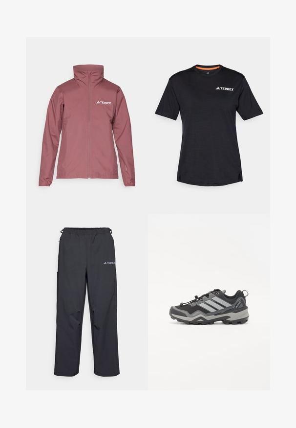Adidas Terrex Vandeniui atspari striukė - quiet crimson; Juodas trumpas rankovės marškinėliai su apvaliu kaklu, su subtiliu melange tekstūra ir baltu "TERREX" logotipu viršutiniame kairiajame kampe.; Juodos, lengvos lauko kelnės su elastinga juosmens juosta, šoniniais kišenėmis ir logotipu viršutiniame dešiniajame šlaunyje. Lygi, vandeniui atspari medžiaga.; Juodos ir pilkos spalvos žygių bateliai su tekstūruota paviršiumi, guma padangoje ir trimis ryškiai pilkomis juostelėmis šone; turi greito užrišimo sistemą.