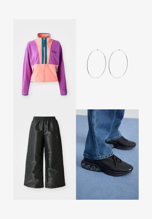Kurtka polarowa z wysokim kołnierzem, w kolorze blokowym fioletowym, różowym i turkusowym. Zapinana na zamek z kieszeniami bocznymi.; Czarna, długosleeve'owa koszulka z bawełny z okrągłym dekoltem. Posiada białe logo Nike na piersi. Miękka faktura, prosty design.; Czarne spodnie sportowe z błyszczącego, gładkiego materiału, z elastycznym paskiem w talii, szerokimi nogawkami i małym logo po lewej stronie.; Czarne sportowe sneakersy z siateczkową cholewką, teksturowanymi akcentami i widocznymi poduszkami powietrznymi w podeszwie. Noszone z niebieskimi dżinsami.; Srebrne kolczyki na kółku o gładkim, okrągłym kształcie i wypolerowanym wykończeniu. Są cienkie i lekkie, z prostym zapięciem.