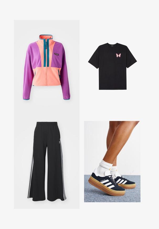 Fleecejakke med høy krage, med et fargeblokkdesign i lilla, rosa og turkis. Glidlås foran og sidelommer.; Svart bomulls T-skjorte med korte ermer, med en liten rosa sommerfugl grafikk på venstre bryst. Crew-neck design med en avslappet passform.; Svart vide joggebukser med elastisk midjebånd, med hvite sidestriper og brodert logo på venstre lår.; Svarte sneakers i semsket skinn med hvite striper og detaljer, rund tå, yttersåle i gummigummi, kombinert med hvite ribbestrikkede crew-sokker.