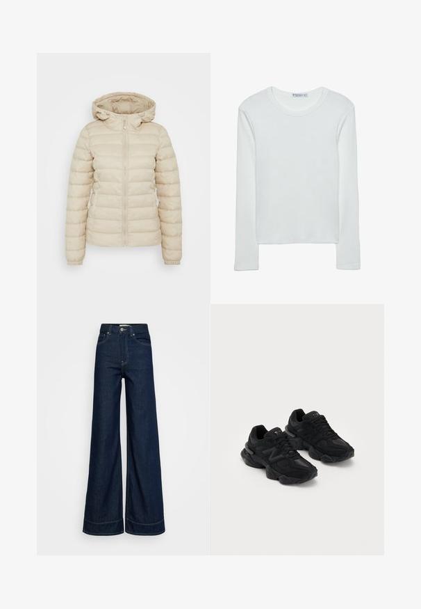 Beige polstret jakke med lynlås foran, justerbar hætte, elastiske manchetter og et kviltet mønster for isolering.; Hvid langærmet t-shirt lavet af ribbet stof med rund halsudskæring og lige skæring i kanten. Enkel, ensfarvet design.; Mørkeblå høj talje brede bukser med forlommer, bæltestropper, knaplukning og synlige syninger på en hvid baggrund.; Sorte sportssko med en struktureret overdel, der har et fremtrædende "N" logo, polstret sål og en slank, moderne silhuet.