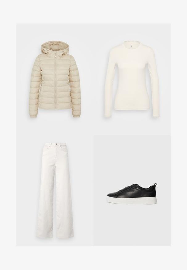 Bež jakna s podstavom koja ima zatvarač sprijeda, podesivu kapuljaču, elastične manšete i qiltirani uzorak za dodatnu izolaciju.; Dugi rukav bijela majica s rebrastom teksturom. Ima delikatni naborani izrez i rubove na rukavima. Jednostavan, prilagođen dizajn.; ONLY Tall ONLHOPE GLOBAL HIGH WAIST WIDE - Hlače - pumice stone; Crne kožne patike niskog profila s crnim vezicama i bijelim debelim gumeni đonom, prikazane sa vanjske strane na bijeloj pozadini.