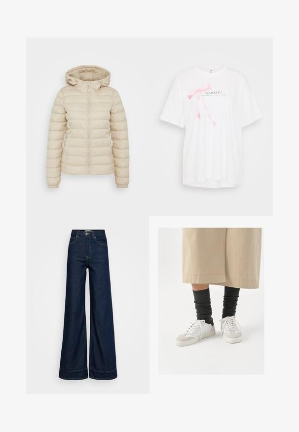 Beige polstret jakke med lynlås foran, justerbar hætte, elastiske manchetter og et kviltet mønster for isolering.; Hvid kortærmet t-shirt med et pink båndgrafik og teksten "COQUETTE" i sort. Blødt stof med en afslappet pasform.; Mørkeblå høj talje brede bukser med forlommer, bæltestropper, knaplukning og synlige syninger på en hvid baggrund.; Hvide og grå sneakers med en sort hælakkent, udstyret med en glat læderoverdel og en tekstureret ruskindstoe. Båret med mørkegrå, slouchy sokker.