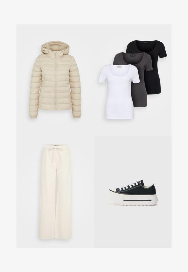 Beige színű párnázott dzseki, elöl cipzárral, állítható kapucnival, rugalmas mandzsettákkal és steppelt mintázattal a hőszigetelés érdekében.; Három szűkített T-póló fehér, szürke és fekete színben. Mindegyik széles, kerek nyakkal és rövid ujjakkal rendelkezik. Simább, elasztikus anyagból készült.; Bőszárú nadrág krémfehér pamut anyagból, rugalmas derékpánttal, húzózsinórral és oldalsó zsebekkel. Simává textúrájú, minimalista dizájn.; Fekete vászon tornacipők fehér gumitalppal, vastag platformmal, fehér fűzőkkel és kontrasztos varrással az illesztéseknél.