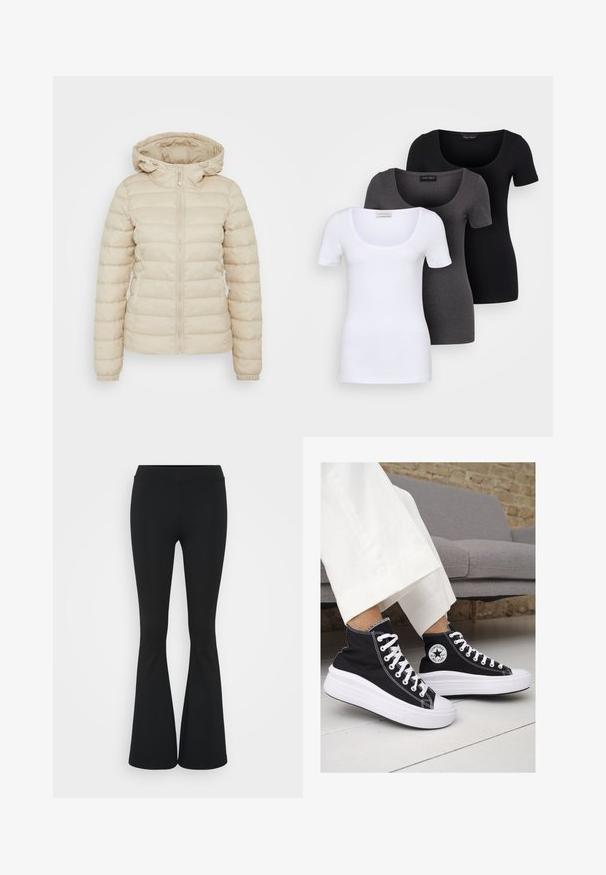 Bežinė pūkinė striukė su užtrauktuku priekyje, reguliuojamu gaubtu, elastinėmis rankovėmis ir siuvinėjimu, užtikrinančiu šilumą.; Trys priderinti marškiniai: balti, pilki ir juodi. Kiekvienas turi plačią apvalią iškirptę ir trumpas rankoves. Pagaminti iš lygaus, tamprių audinio.; Juodai platėjantys kelnių, pagamintų iš tamprių medžiagų, kurie turi aukštą juosmenį ir lygią tekstūrą. Kelnės platėja nuo kelio.; Juodi kanvasiniai aukšti sportbačiai su baltais guminiais padu ir raišteliais. Šonuose yra apskritas logotipas ir ryški balta siūlė.