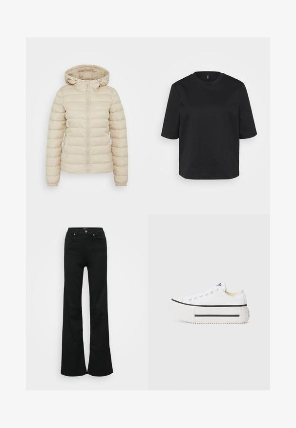 Beige gepolsterte Jacke mit Reißverschluss, verstellbarer Kapuze, elastischen Bündchen und einem gesteppten Muster zur Isolierung.; Schwarzes Rundhals-T-Shirt aus Baumwolle, mit kurzen Ärmeln und lockerer Passform. Glatte Textur ohne sichtbare Muster oder Akzente.; Schwarze, ausgestellte Jeans aus Denim, mit hoher Taille, fünf Taschen und Metallknopfverschluss. Glatte Textur mit minimaler Gestaltung.; Weiße Canvas-Plattform-Sneaker mit schwarzer Gummisohle, runder Zehenkappe und Metallösen, die ein einfaches, klares Design aufweisen.