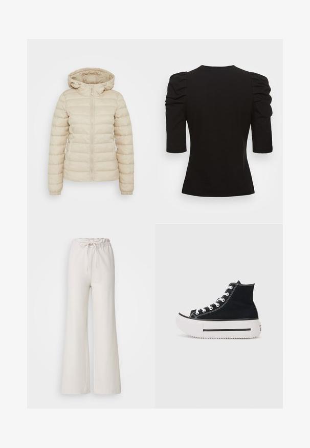 Beige színű párnázott dzseki, elöl cipzárral, állítható kapucnival, rugalmas mandzsettákkal és steppelt mintázattal a hőszigetelés érdekében.; Vero Moda Tall VMEGAMAXI - Basic póló - black; Világos bézs, bőszárú nadrág, elasztikus derékkal és állítható kötélnyakkal. Simább anyagból készült; egyszerű, dísztelen dizájn jellemzi.; Fekete magas szárú vászon sneaker, fehér varrással, gumitalppal, vastag fehér platform talppal és fekete csíkkal díszítve.