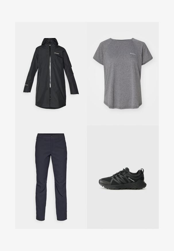 Juodas vandeniui atsparus džemperis pagamintas iš Gore-Tex medžiagos, su pilna užtrauktuku, reguliuojama kapuce ir kišenėmis abiejose pusėse. Vidutinio ilgio dizainas.; Pilkas trumpas rankovėmis marškinėliai su subtiliu tekstūriniu raštu, apvalia iškirpte ir Columbia logotipu ant krūtinės. Minkšta medžiaga, laisvas kirpimas.; Tamsiai mėlynos kelnės, pagamintos iš lygaus audinio, su priekiniais mygtukais, lieknos silueto ir raukšlėmis ant kelių.; Columbia PEAKFREAK - Turistiniai batai - black