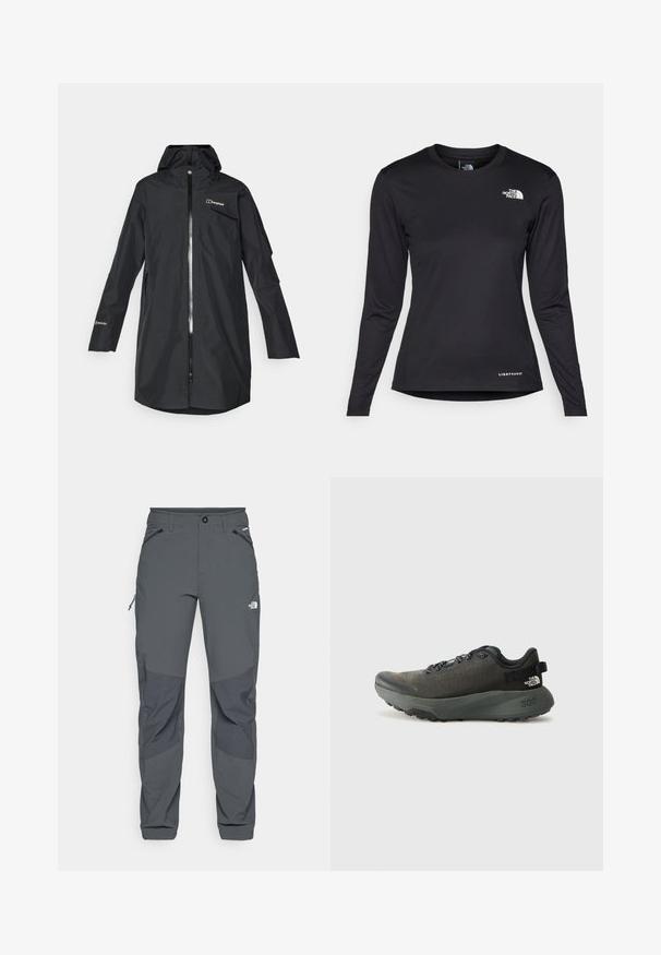 Svart vattentålig jacka i Gore-Tex-material, med hel dragkedja, justerbar huva och fickor på båda sidor. Medellång design.; The North Face SHADOW LONG SLEEVE - Långärmad tröja - black; Mörkgrå utomhusbyxor med förstärkta knäpartier, dragkedjefickor på sidorna och fram, knappstängning och The North Face-logotyp på låret.; Mörkgrå sportskor med ett strukturerat tygöverkast, platta snören, förstärkt tå och tjock, robust sula för grepp. 300 präglat på hälen.
