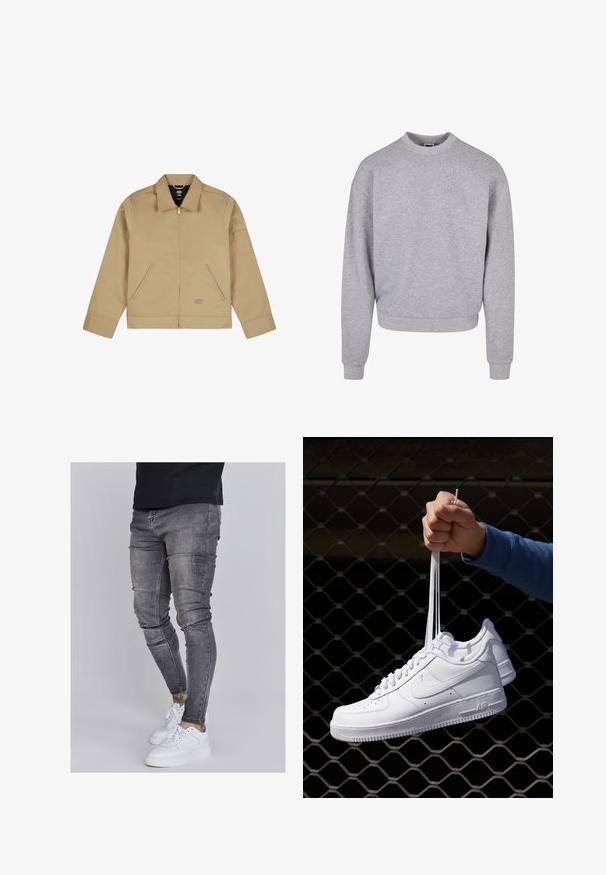 Beige let jakke med krave, lynlåslukning fortil, to sidelommer og et mærke på venstre arm. Glat, slidstærkt stof med en struktureret design.; Grå sweatshirt med rund hals, lange ærmer og ribbede manchetter. Lavet af et blødt, struktureret materiale med en afslappet pasform.; Slank jeans i falmet grå denim med slidte detaljer ved knæene, parret med hvide sneakers. Glat tekstur, slim fit design.; Hvide lædersneakers med perforeringer, rund tå, flad sål og tykke snørebånd, med et synligt swoosh-logo og "AIR" på hælen.