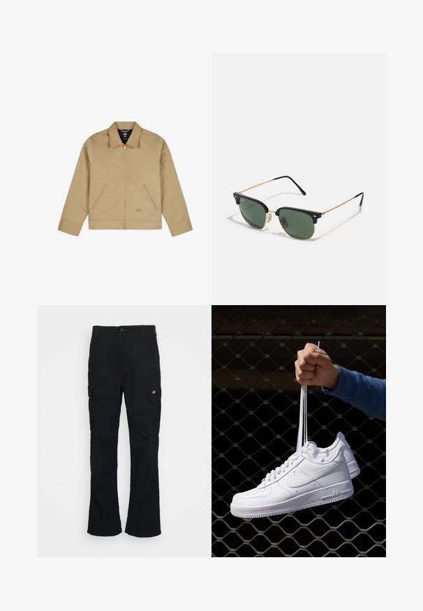 Šviesiai ruda lengva striukė su apykakle, užtrauktuku priekyje, dviem šoninėmis kišenėmis ir pleistru ant kairiojo rankovės. Lygi, patvari medžiaga su struktūrizuotu dizainu.; Juodas megztinis su aukštu kaklu, pagamintas iš minkštos mezgimo medžiagos. Turi ilgomis rankovėmis, raukšlėtą apykaklę ir apatinę dalį. Paprastas, elegantiškas dizainas be raštų.; Juodos kargo kelnės su tiesiu sijonu, pagamintos iš tvirto audinio, su šoninėmis kišenėmis ir pleistru su logotipu kairėje pusėje.; Balti odiniai sportiniai bateliai su perforacijomis, apvalia nosimi, plokščiu padu ir storomis raištelėmis, su matomu swoosh logotipu ir "AIR" ant kulno.; Akiniai nuo saulės su žaliais objektyvais, juodu plastiko viršutiniu rėmeliu, auksiniais metaliniais akcentais ir plonais juodais ilčių šonais. Pasižymi ypatinga tiltelio konstrukcija.