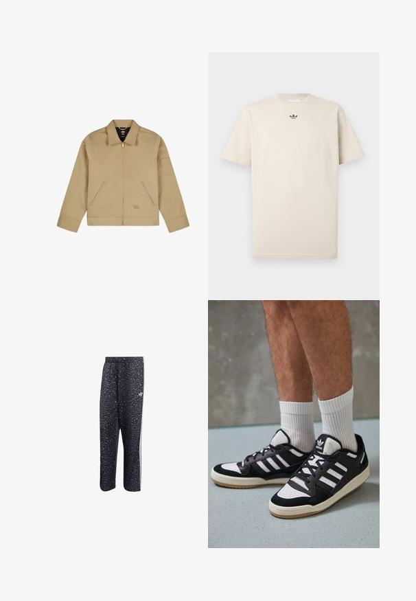 Casaco leve cor de areia com colarinho, fecho éclair à frente, dois bolsos laterais e um emblema no braço esquerdo. Tecido liso e durável com um design estruturado.; T-shirt de algodão bege com decote redondo, mangas curtas e um pequeno logo escuro no peito. Textura suave e ajuste casual.; Calças atléticas pretas com um padrão de estampa de leopardo, apresentando um design de três riscas brancas e um logotipo de marca atlética na lateral.; Ténis em preto e branco com upper em camurça e couro, apresentando três riscas brancas, um toe perfurado e uma sola em borracha de goma.