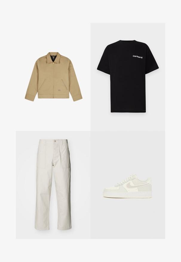 Lett, tan jakke med krage, glidelås foran, to sidelommer og et merke på venstre arm. Glatt, slitesterk stoff med en strukturert design.; Svart bomulls-T-skjorte med korte ermer, rund hals og hvit "Carhartt"-logo på venstre bryst. Glatt tekstur, minimalistisk design.; Lyse beige vide bukser laget av bomull. Har frontlommer og knappelukking. Jevn tekstur med subtile vertikale linjer.; Hvite Nike Air Force 1 joggesko med glatt lær-overdel, lysegrå detaljer, perforeringer på tåen og en strukturert gummisåle.