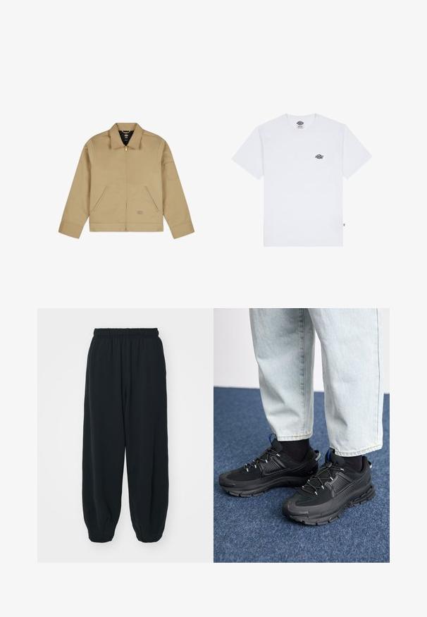 Šviesiai ruda lengva striukė su apykakle, užtrauktuku priekyje, dviem šoninėmis kišenėmis ir pleistru ant kairiojo rankovės. Lygi, patvari medžiaga su struktūrizuotu dizainu.; Balta medvilnės marškinėliai trumpomis rankovėmis, su maža juoda logotipu ant krūtinės ir etikete kairiajame apatiniame kampe.; Juodi, su elastiniu juosmeniu sportiniai kelnės su laisvu siluetu, suapvalintais kulkšnimis, lygia tekstūra ir be matomų raštų ar metalinių akcentų.; Juodi sportiniai bateliai su tekstūruota medžiaga ir guminiais padais, su elastingomis raišteliais ir mėlynu akcentu ant kulno. Dėvimi su šviesiai mėlynomis džinsinėmis kelnėmis.