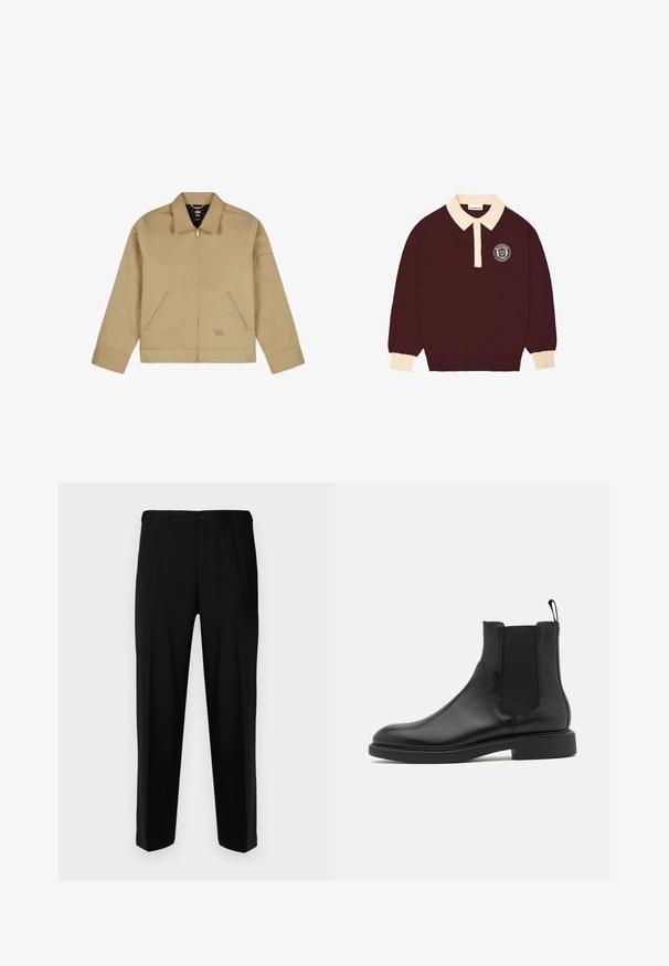 Tan lightweight jacket with a collar, zipper front, two side pockets, and a patch on the left arm. Smooth, durable fabric with a structured design.; Maroon long-sleeve polo shirt with cream collar and cuffs, buttoned placket, and circular "Prohibited Berlin" logo on the left chest.; Black trousers made of smooth fabric, featuring a straight cut, two front pockets, and a zip fly with button closure.; Black leather ankle boot with smooth texture, elastic side panels, and a pull tab. Round toe and flat rubber sole with minimal tread.