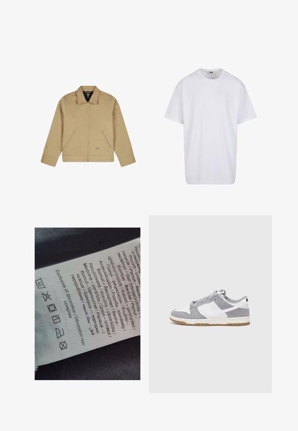 Beżowa, lekka kurtka z kołnierzem, zamkiem z przodu, dwiema bocznymi kieszeniami oraz naszywką na lewym ramieniu. Gładka, trwała tkanina z wyraźnym krojem.; Biała bawełniana koszulka z krótkimi rękawami, okrągłym dekoltem, luźnym krojem i bez widocznych logo lub wzorów. Gładka tekstura i minimalistyczny design.; Etykieta z tekstem w wielu językach, symbolami pielęgnacji i ikonami recyklingu, wydrukowana na materiałowym, miękkim w dotyku w jasnym kolorze.; Szare i białe trampki z zamszową i skórzaną cholewą, okrągłym noskiem, płaskimi sznurówkami i gumową podeszwą z akcentem w kolorze gumy.