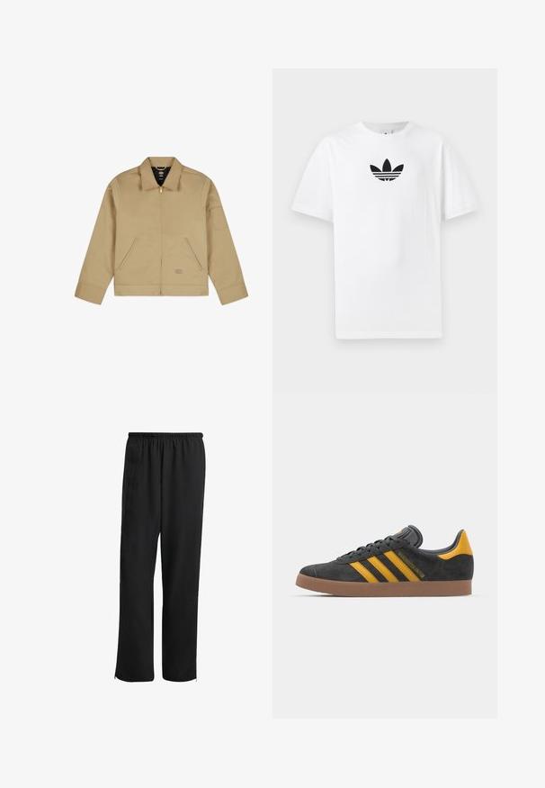 Tan lightweight jacket with a collar, zipper front, two side pockets, and a patch on the left arm. Smooth, durable fabric with a structured design.; White cotton T-shirt featuring a black Adidas logo at the center. Short sleeves and a crew neck design. Smooth texture.; Black athletic pants with an elastic waistband, straight-leg design, side pockets, and zippered cuffs, made from a smooth, lightweight fabric.; Black suede sneaker with yellow accents, featuring three stripes and a brown rubber sole. Includes a padded tongue for comfort.