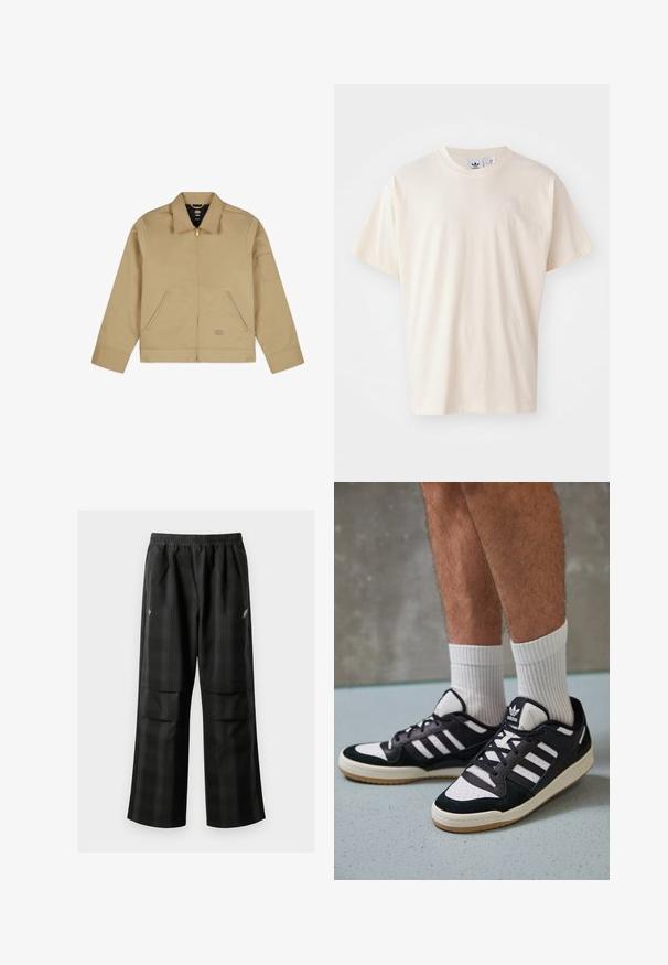 Lett, tan jakke med krage, glidelås foran, to sidelommer og et merke på venstre arm. Glatt, slitesterk stoff med en strukturert design.; Kremfarget bomullst-skjorte med rund hals og korte ermer; har en liten, lysfarget logo på brystet.; Svarte rutete bukser med elastisk midje, to frontlommer og løs passform med rett ben-design. Laget av lett materiale.; Sorte og hvite sneakers med overdel i semsket skinn og lær, med tre hvite striper, perforert tå og en såle av gummi.