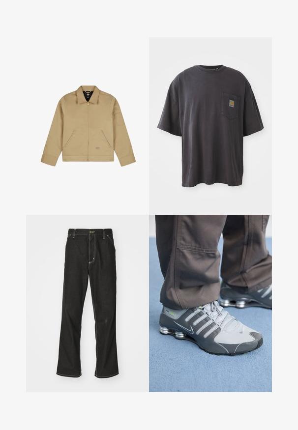 Lett, tan jakke med krage, glidelås foran, to sidelommer og et merke på venstre arm. Glatt, slitesterk stoff med en strukturert design.; Svart bomulls t-skjorte med korte ermer, rund hals og en lomme på venstre bryst med et firkantet logomerke. Enkel og uforfinedt design.; Svarte denimbukser med løs passform, med kontrastfylt hvit søm, knappelukking og rett ben-design.; Grå og sølv Nike Shox-sneakers har et slankt design, med mesh- og syntetiske materialer, en rund tå og en polstret krage.