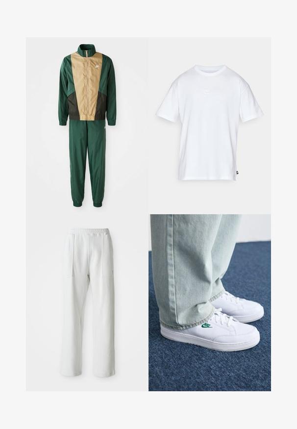 Casaco corta-vento verde e castanho com fecho de correr completo, gola alta e punhos elásticos, acompanhado de calças combinando. Logótipo da Nike no casaco.; T-shirt de algodão branco com mangas curtas e decote redondo. Apresenta um pequeno e discreto logótipo da Nike no peito e uma etiqueta lateral.; Calças brancas casuais com um cós elástico e grandes bolsos frontais, exibidas sobre um fundo claro e liso.; Tênis de couro brancos com logo verde da Nike, bico redondo, sola plana, combinados com calças de denim azul claro, exibidos sobre um tapete azul.