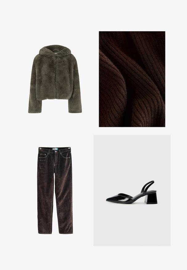 Hoodie-cropped Jacke aus dunkelgrauem Kunstfell. Mit langen Ärmeln und einer weichen, strukturierten Oberfläche mit einem schlichten, klaren Design.; Dunkelbrauner gerippter Stoff mit einer weichen Textur, der ein gewelltes Muster und dezenten Glanz aufweist, gefaltet, um Tiefe und Dimension zu zeigen.; Braune Cordhosen mit geradem Bein, fünf Taschen, kontrastierenden Nähten und einem Knopfverschluss an der Taille. Weicher Stoff mit gerippter Struktur.; Schwarze Lackleder-Slingback-High Heels mit spitzem Schuh und einem geometrischen Blockabsatz. Verfügt über ein schlankes, minimalistisches Design und eine glatte Textur.