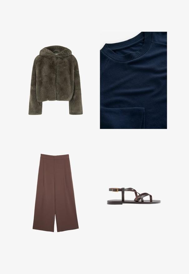 Hooded cropped jacket in dark grey faux fur. Features long sleeves and a soft, textured surface with a simple, clean design.; Navy blue sweatshirt with ribbed crew neck and slightly textured fabric. Features a smooth, soft appearance and a raglan sleeve design.; Brown wide-leg trousers with a smooth texture, featuring a high waist and front pleats. The fabric is lightweight and flows loosely.; Brown leather sandal featuring crisscross straps, an ankle buckle closure, and a flat sole with minimal stitching details.