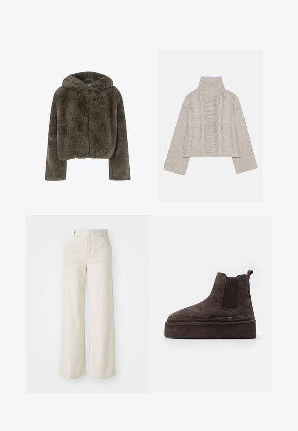 Melna pelēka mākslīgā apģērba kapuce ar īsām piedurknēm. Iezīmējas ar garām piedurknēm un mīkstu, teksturētu virsmu ar vienkāršu, tīru dizainu.; Izgriezts, gaiši pelēks adīts džemperis ar augstu apkakli un ribotiem piedurknēm, ar fakturētām virknēm gar muguru un sāniem.; Platas kājās bikses gaisā bežā krāsā, izgatavotas no gludas auduma. Iezīmē klasisku jostasvietu un plakanu priekšpusi ar tīrām līnijām.; Brūni zamša Chelsea zābaki ar elastīgiem sānu paneļiem un biezas, teksturētas platformas zoli. Iespējams, ir vilkšanas cilpa uz papēža, kas atvieglo uzvilkšanu.