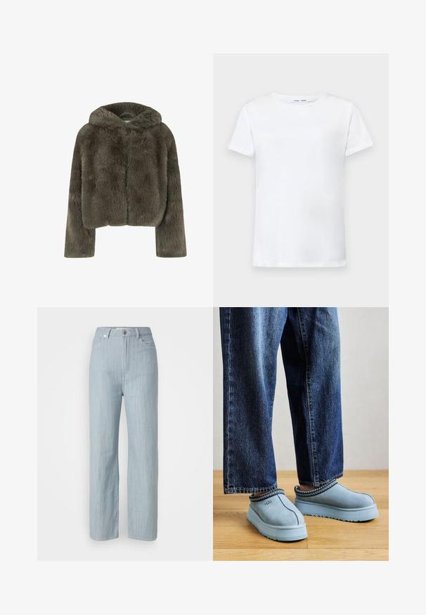 Giacca cropped con cappuccio in morbida pelliccia sintetica grigio scuro. Presenta maniche lunghe e una superficie soffice e testurizzata con un design semplice e pulito.; T-shirt bianca a maniche corte in cotone con design a girocollo. Tessuto liscio e taglio dritto, senza motivi o accenti.; Jeans dritti blu chiaro in denim. Presentano cinque tasche, una chiusura con bottone in metallo e leggere sfumature per aggiungere texture.; Scarpe UGG blu in suede, senza lacci, con suole spesse, indossate con jeans blu su un pavimento di legno contro uno sfondo semplice.