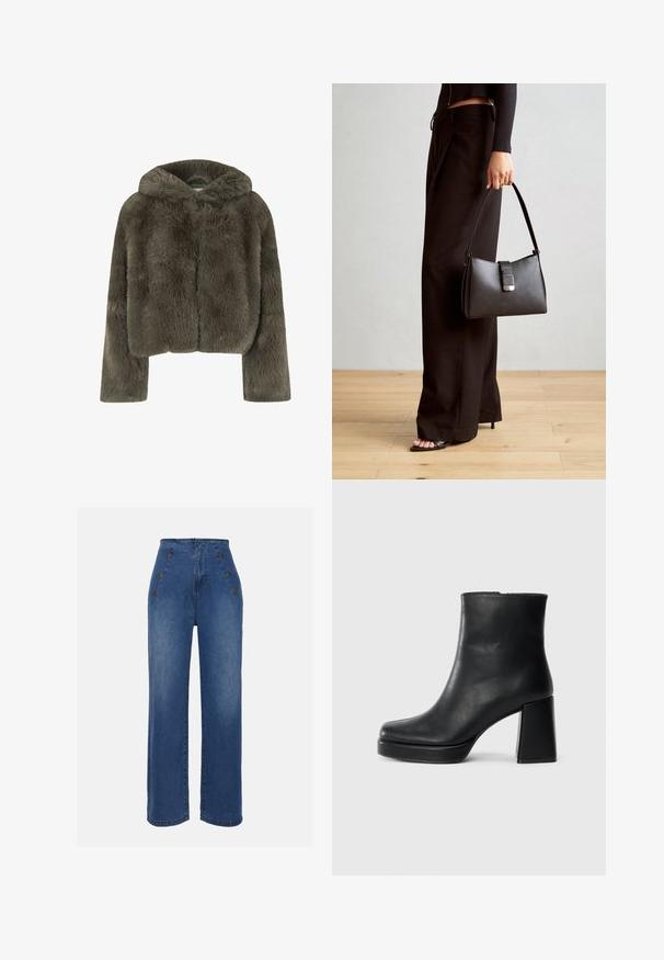 Chaqueta corta con capucha en gris oscuro de piel sintética. Presenta mangas largas y una superficie suave y texturizada con un diseño simple y limpio.; Dos camisetas de manga larga, una negra y otra blanca, ambas con escote cuadrado y confeccionadas en un tejido suave y elástico.; Jeans de mezclilla de talle alto en azul medio. Presenta detalles de botones en la parte frontal y un diseño de pierna ancha. La tela tiene una textura suave con un ligero desvanecimiento.; Botín de cuero negro con tacón cuadrado y suela de plataforma, visto de lado sobre un fondo blanco liso.; Bolso negro con forma estructurada, textura suave y un cierre metálico. Combinado con pantalones anchos negros y sandalias de dedo en un suelo de madera.