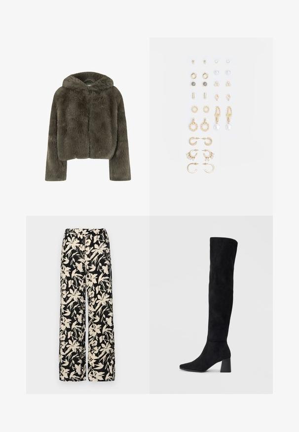 Giacca cropped con cappuccio in morbida pelliccia sintetica grigio scuro. Presenta maniche lunghe e una superficie soffice e testurizzata con un design semplice e pulito.; Top nero scoperto sulle spalle realizzato in morbido tessuto stretch. Presenta maniche corte e una silhouette aderente. Design semplice e senza cuciture.; Pantaloni larghi neri con un motivo floreale crema. Realizzati in tessuto leggero, con una texture liscia e una vita alta.; Stivale in suede nero alto fino al ginocchio con tacco a blocco, punta affusolata e design liscio e senza cuciture su uno sfondo chiaro e semplice.; Set di orecchini in tonalità oro che presentano vari design, tra cui cerchi, orecchini a perno e pezzi pendenti con perle e strass.