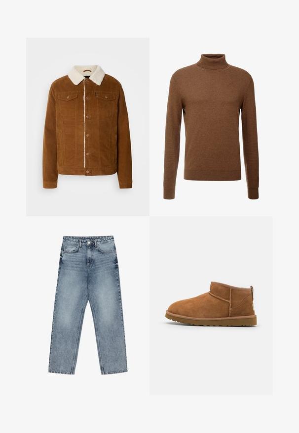 INDICODE JEANS - Kurtka przejściowa; Brązowy sweter z wysokim kołnierzem, wykonany z miękkiego materiału, z długimi rękawami, ściągaczami na mankietach oraz dopasowanym krojem bez widocznych wzorów.; Jasnoniebieskie dżinsy z prostymi nogawkami, widocznym przeszyciem, pięcioma kieszeniami oraz zapięciem na guzik w talii.; Beżowe zamszowe botki za kostkę z okrągłym noskiem, subtelnymi detalami przeszyć oraz teksturowaną gumową podeszwą. Niskie, bez sznurówek.