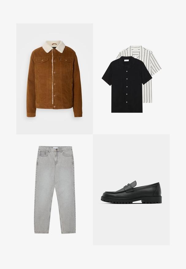 INDICODE JEANS Jas - rubber; Twee shirts met korte mouwen: één effen zwart, één wit met zwarte verticale strepen. Beide hebben knoopsluitingen en een klassieke kraag.; Lichtgrijze denimbroek met een recht model, vijfzakkenstijl en een knoopsluiting. Zichtbare stiksels langs de naden.; Zwarte leren instappers met een ronde neus, voorzien van een gestikt ontwerp, een lage platformzool en een gestructureerde, grof rubberen buitenzool.