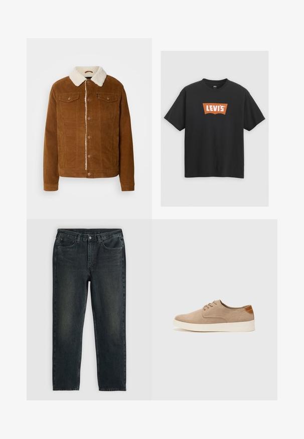 INDICODE JEANS Jas - rubber; Zwarte katoenen t-shirt met een groot oranje Levi's logo op de voorkant, korte mouwen en een ronde hals.; Zwarte denim jeans met een rechte pijp, vijf zakken en subtiele vervagingsdetails. Voorzien van een knoop- en ritssluiting.; Beige suède sneakers met een ronde neus, vetersluiting aan de voorkant en een getextureerde achteraccent. De witte rubberen zool zorgt voor contrast. Eenvoudig en modern ontwerp.